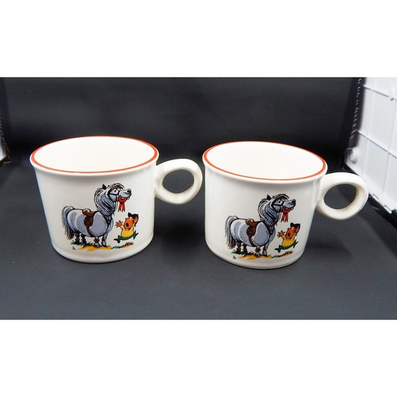 Pfaltzgraff USA Norman Thelwell Horse Ribbon Cartoon Childs Cup Mug 6oz Pair - Picture 1 of 11